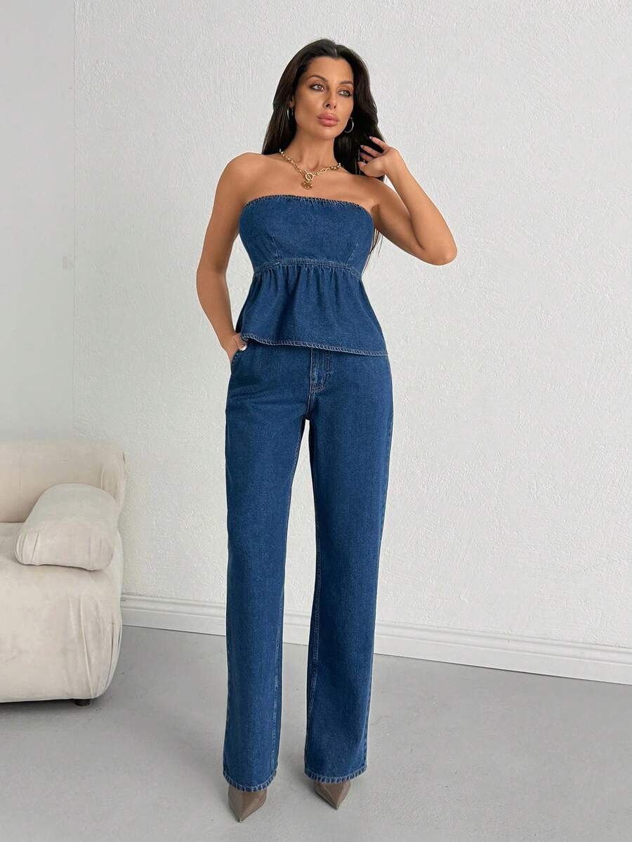 SHEIN Women's Casual Denim Set With Ruched Bandeau Top And Pocketed Pants - Dark Wash - View 1