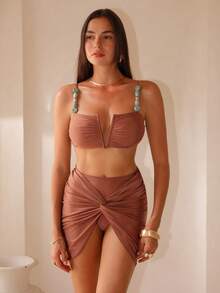 Swim Oasis-D Women Solid Color Spaghetti Strap Chain Decor V-Neck Top & Triangle Bottoms & Skirt 3 Pieces Swimwear - Coffee Brown - View 2