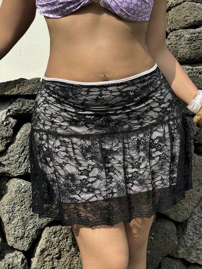 Sunnyshic 加大码女式蕾丝迷你裙，性感可爱，黑色