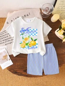 Bộ 2 món thời trang cho bé gái, gồm áo thun ngắn tay in chữ kẻ caro và quần short kẻ sọc, thích hợp cho các hoạt động ngoài trời mùa xuân/hè. - Nhiều màu - Xem 5