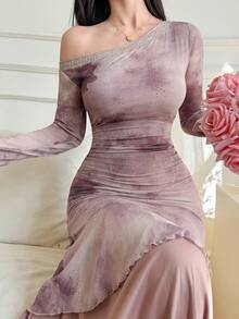 DAZY Women's Asymmetric Neckline Long Sleeve Ruffle Hem Dress - Purple - View 6