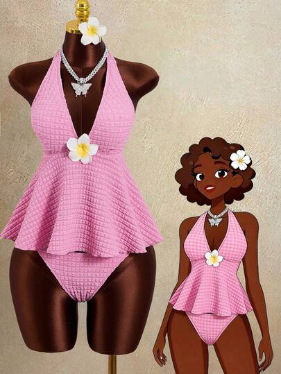 Zestiva Women's 3D Floral Decor Textured Spaghetti Strap Tie Strap Cute Minimalist Camisole And Bikini Two Pieces Set, Suitable For Beach Party And Vacation