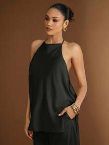 Hauture Top sin mangas de cuello halter y espalda descubierta con textura martillada y unicolor - Negro - Ver 5