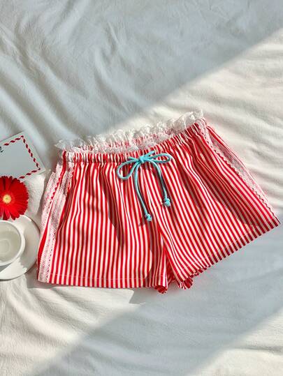 Comfortcana Pantalones cortos de mujer de verano, casuales y de vacaciones, con estampado de rayas, contraste de encaje y cordón en la cintura