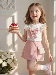 Elladie kids 4-7Y Girls 2pcs Set: Cute Bow Decor Beaded Cap Sleeve Top & Elastic Waist Beaded Slit Shorts, Suitable For Daily Life, Parties And Other Occasions - Baby Pink - View 1