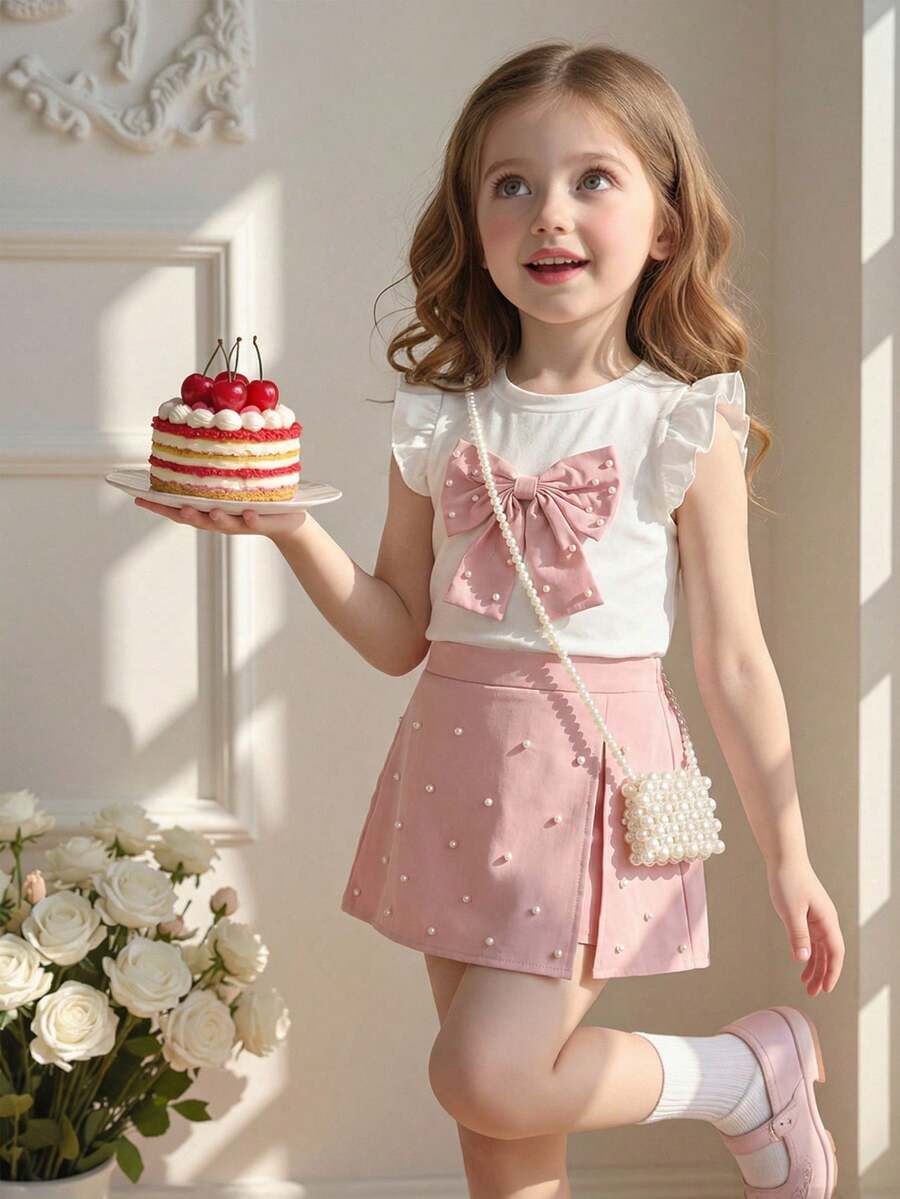 Elladie kids 4-7Y Girls 2pcs Set: Cute Bow Decor Beaded Cap Sleeve Top & Elastic Waist Beaded Slit Shorts, Suitable For Daily Life, Parties And Other Occasions - Baby Pink - View 1