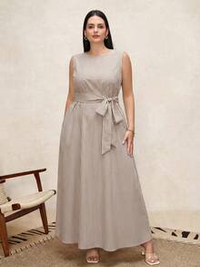 Chikora 大码女士亚麻条纹圆领腰部蝴蝶结口袋无袖宽松休闲连衣裙，适合各种场合，休闲、通勤、旅行、商务休闲女装 - 咖啡棕 - 查看 5