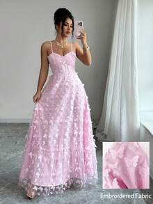 Modelyn 女士优雅蝴蝶贴花长吊带连衣裙，适合夏季度假和约会 - 粉色 - 查看 6