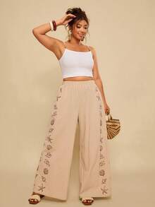 Travachic 大码女式海星印花复古阔腿休闲裤，适合海滩度假 - 卡其色 - 查看 6