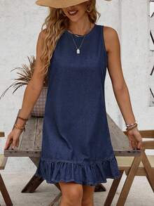 EMERY ROSE Vestido vaquero casual de mujer con cuello redondo, bajo con volantes y diseño de botones en la espalda, sin mangas - Azul lavado oscuro - Ver 6