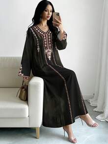 SHEIN Najma Floral Print V-Neck Long Sleeve Olive Green Maxi Dress, Elegant Arabic Style Clothing, Spring/Summer - Multicolor - View 4