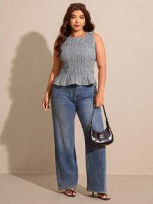 Elaquor Plus Size Women Summer Casual Plaid Sleeveless Top - Black and White - View 1