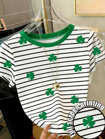 Resyla Women's Casual Striped Clover Print Round Neck Short Sleeve T-Shirt, Summer