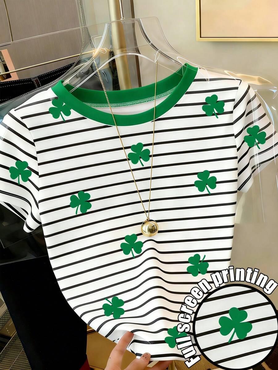 Resyla Áo thun nữ tay ngắn cổ tròn in họa tiết cỏ ba lá kẻ sọc, kiểu dáng thường ngày, thích hợp cho mùa hè. - Nhiều màu - Xem 1
