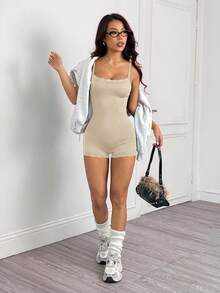 SHEIN PETITE 女士纯色蕾丝拼接吊带简约修身连体裤 - 淡黃色 - 查看 4