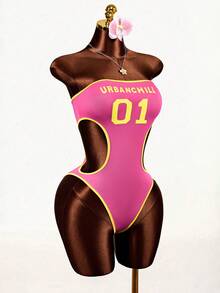 Mistrie Women's Letter Print Cutout Waist Bandeau Bodysuit - Black and White - View 3