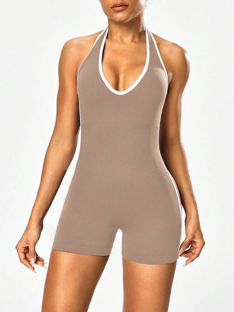 Seamluxe SHEIN Sport Macacão Feminino Sem Costura de Cor Sólida com Decote Halter e Costas Abertas - Caqui - Visão 2