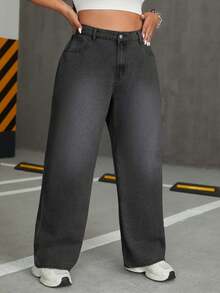 SHEIN Cottnline Plus Size Women Embroidered Mid-Waist Button Pocket Straight Leg Jeans - Dark Grey - View 4