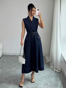 Elenzga 女士休闲无袖牛仔连衣裙，夏季 - 深色水洗藍 - 查看 1