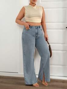 EURMUSE Plus High Waist Light Blue Wash Casual Style Regular Fit Slit Detailed Straight Jean - Light Wash - View 4
