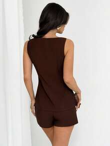 Firerie Women's Elegant Minimalist Chic Fashion Commute Urban Modern Vacation Casual Metal Buckle Vest And Shorts Brown 2 Pieces Set - Brown - View 9