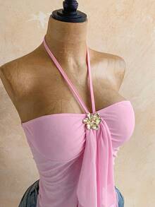 Soleia 女士不对称下摆贝壳装饰项链衬衫，适合海滩度假和夏季穿着 - 粉色 - 查看 4