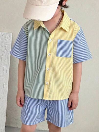 SHEIN Conjunto de camisa y pantalones cortos de rayas de contraste de verano casual para niño