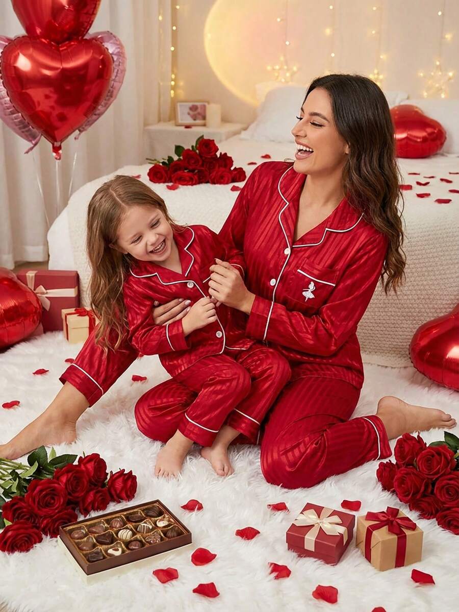 2 Stücke Mädchen Burgunderrot gestreifter Herz bestickter Langarm Cardigan und Hose, bequemer Pyjama-Set - Bordeaux - Übersicht 1