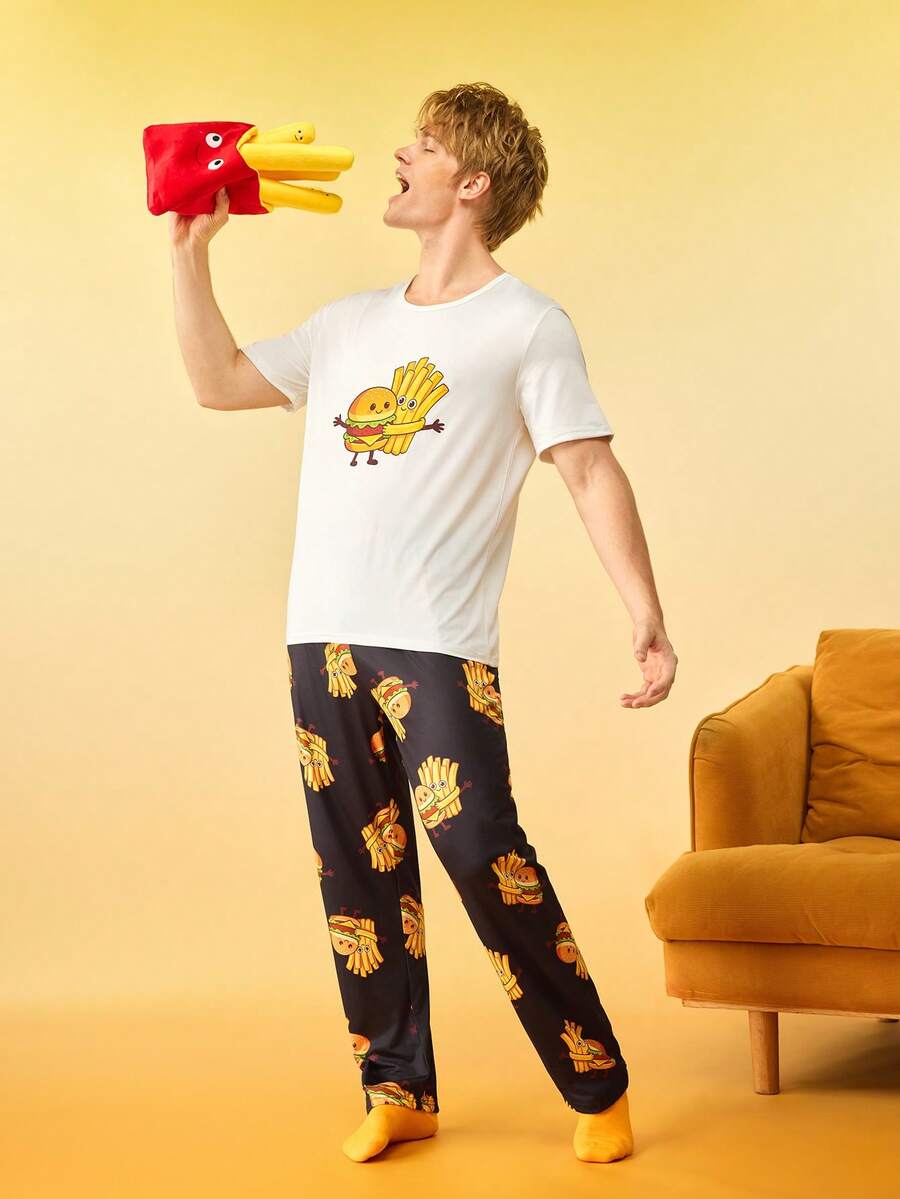 Notgurli 汉堡薯条印花短袖上衣和裤子男士睡衣套装 - 彩色 - 查看 1