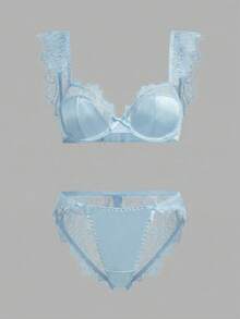 lacRébo 白色缎面蕾丝内衣套装，配有蕾丝饰边肩带和配套内裤，性感别致 - 淺藍色 - 查看 6