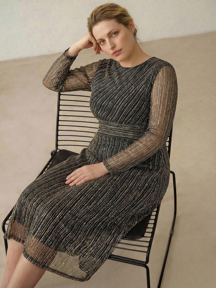 PLUS SIZE AUTUMN/WINTER PARTY/DATE PLEATED METALLIC MESH ROUND NECK LONG SLEEVE DRESS