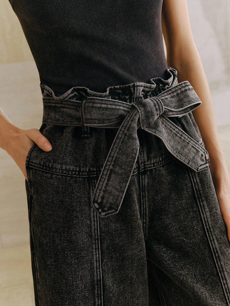 Anewsta Cargo Pants For Women, High Waist Slimming Loose Straight Leg Cropped Jeans, Casual Wide Leg Pants, Spring - Black - View 1