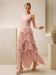 Anewsta Summer Vacation Versatile All-Match Knit Camisole Spliced Layered Ruffle Hem Dress, Elegant Long Dress For Women, Pink - Pink - View 5