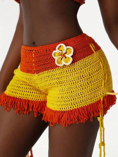 Amplova 2026 Vacation Low-Waist Contrast Color Orange Tassel Hem Sexy Women Mini Knit Shorts