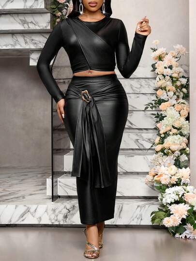 SHEIN Lady 女士优雅通勤修身上衣和半裙两件套