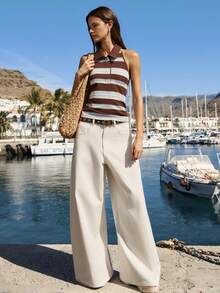 Nöista Sleeveless Polo Top Features Ribbed Bold Brown, Blue, And White Horizontal Stripes With A Polo Collar Neck And Button Placket. Casual, Spring, Summer, Vacation. - Brown - View 5