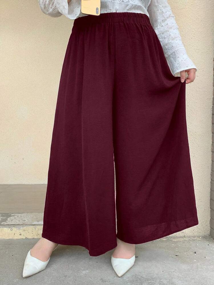 Dazy Plus Elastic Waist Solid Color Wide Leg Pants/Culottes, Burgundy, All Season, Plus Size Women