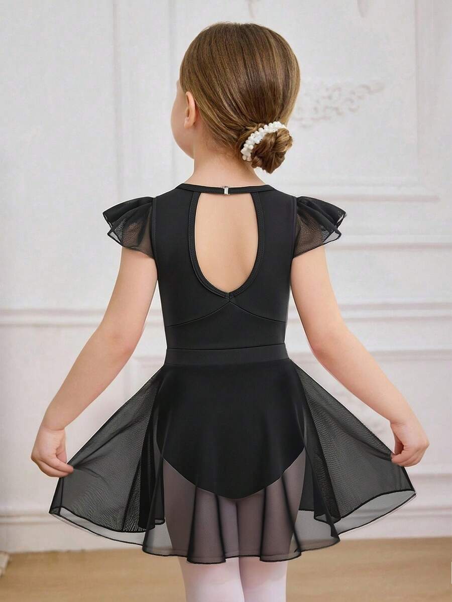 Young Girls Elegant & Cute Flutter Sleeve Professional Ballet Dance Leotard With Skirt, Training Activewear - Black - View 1