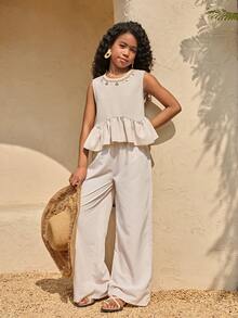 Sparklyn 青少年女孩超大款灰色条纹短袖T恤套装，休闲街头风，宽松舒适，适合夏季、度假、旅行、上学、日常穿着。 - 灰色 - 查看 7