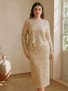 Anewsta Nuevo llegado de principios de primavera Conjunto único y de moda de cubrecuerpo de ganchillo con lentejuelas y falda midi calada, talla grande - Albaricoque - Ver 4