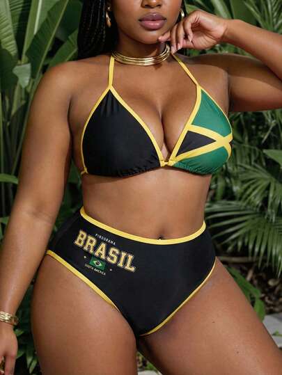 Slaydiva 大码多色印花吊带三角杯露背系带泳衣上装搭配高腰印花三角裤，性感简约时尚沙滩度假泳装套装，女士