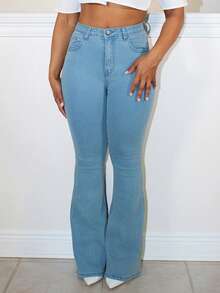 Steph T 拉链门襟喇叭腿牛仔裤，女士休闲纽扣，口袋，拉链高腰喇叭腿长款灰蓝色棉质常规版型女式牛仔裤，春/秋，休闲日常穿着 - 霧霾藍 - 查看 5