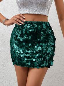 SHEIN PETITE 女士纯色亮片修身短裙，夏季 - 綠色 - 查看 3