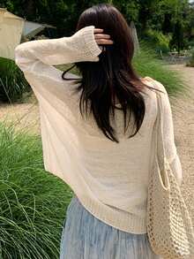 DAZY 宽松针织镂空长袖毛衣，女士叠穿罩衫 - 白色 - 查看 7