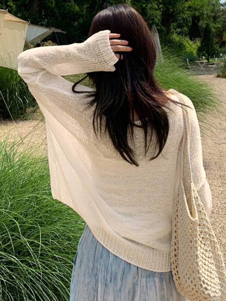 Loose Knit Hollow Out Long Sleeve Sweater, Layering Cover Up For Women