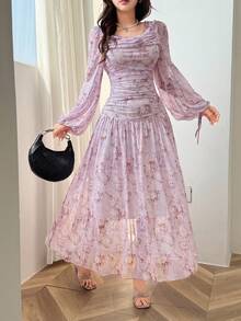 Feyla 优雅浪漫印花褶皱女式连衣裙 - 彩色 - 查看 3
