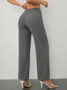 SHEIN PETITE 女士休闲优雅修身直筒裤 - 灰色 - 查看 2