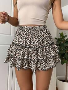 INAWLY 2026春夏新款豹纹荷叶边休闲半身裙 - 棕色 - 查看 1