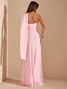 SHEIN BAE Women's Solid Pink Asymmetric Ruched Backless Chiffon Dress, Elegant Beach Holiday Dress, Spring/Summer - Pink - View 2