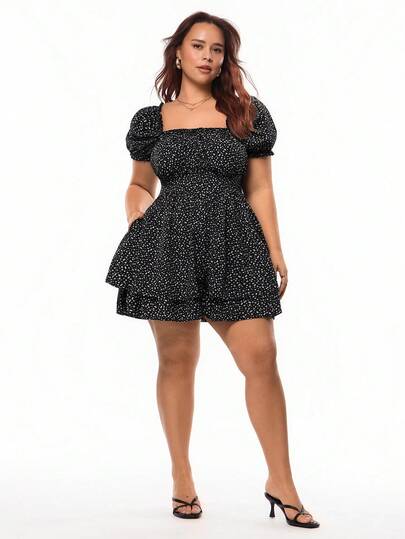 Solavibe Bộ jumpsuit tay phồng họa tiết hoa nhí dành cho nữ cỡ lớn, thích hợp cho các buổi hẹn hò hoặc dự tiệc.